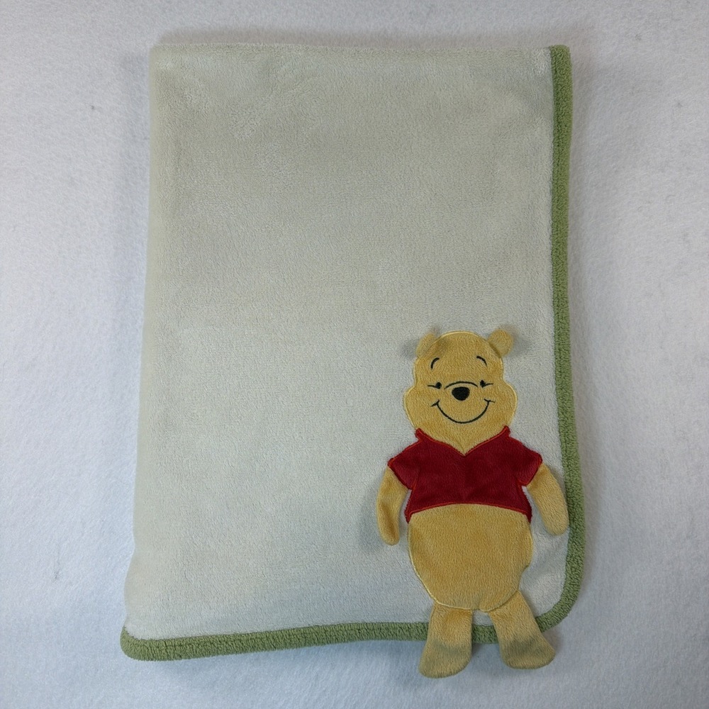Disney Baby Winnie the Pooh Cream Blanket 3D Fleece Green Trim Security Lovey